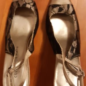 Size 7 sling back heels, champagne coloured satin toes with black lace trim